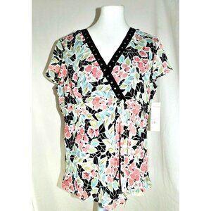 Black Pink Sheer Floral Lined Short Sleeve Empire Top Notations Wms XLarge New